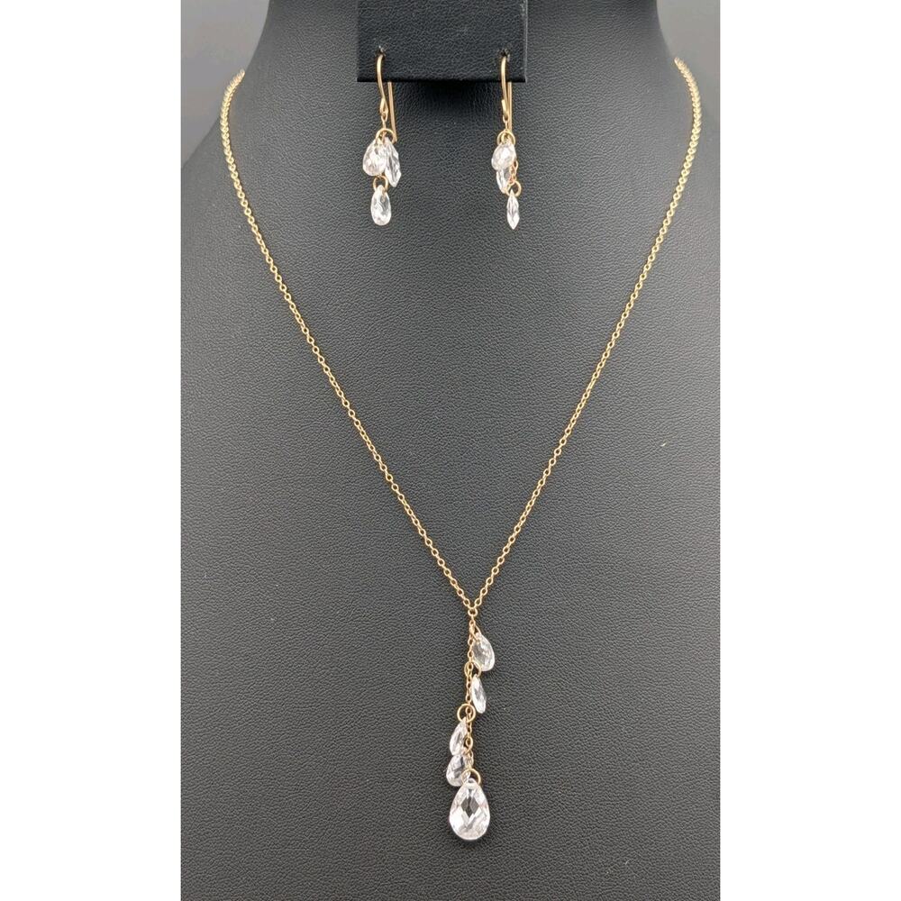 JCM 14K Yellow Gold Crystal Briolette Teardrop Lariat Necklace Earrings Set